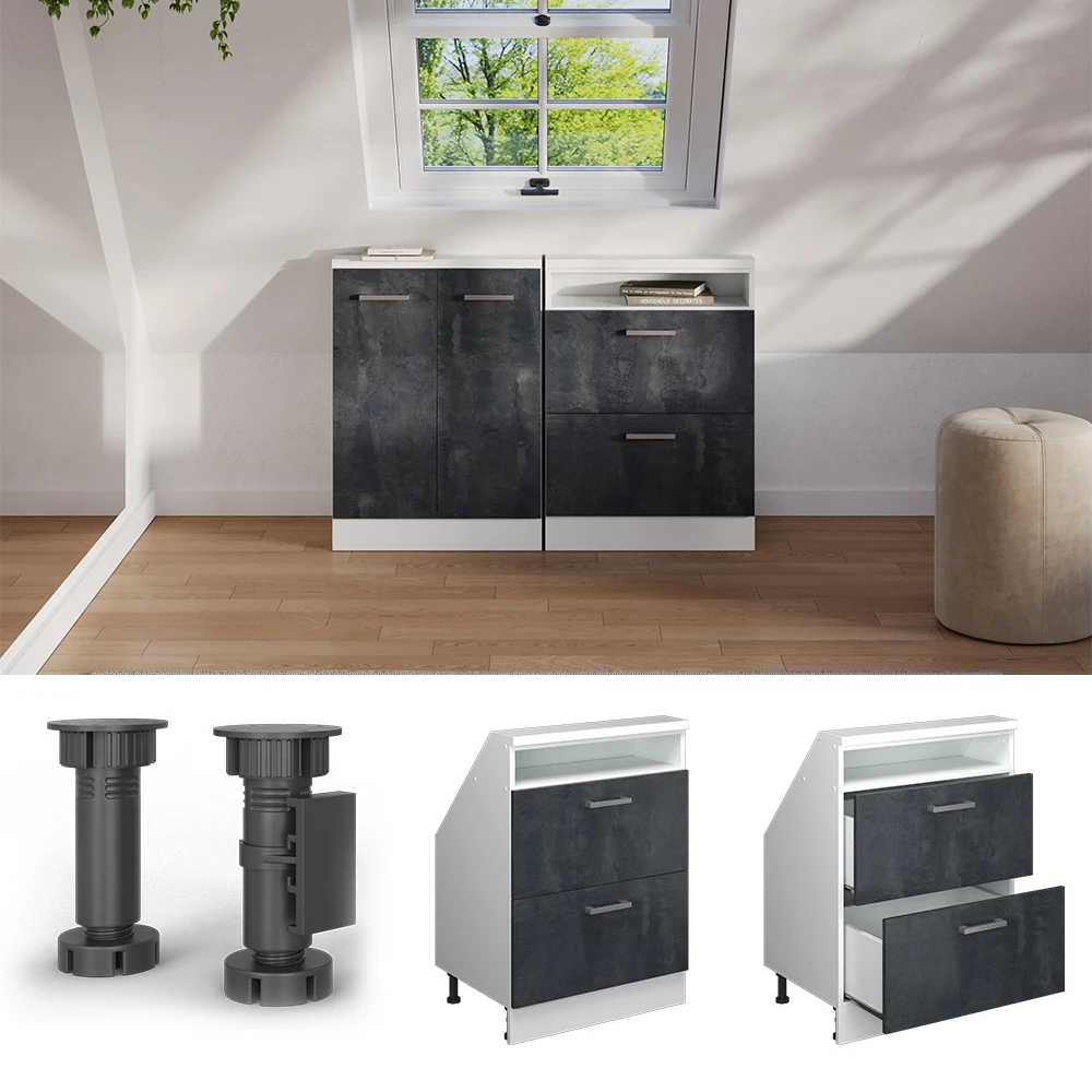 Nahaufnahme von Dachschrägenschrank in Schwarz Beton/Weiß, zeigt Design- und Oberflächendetails