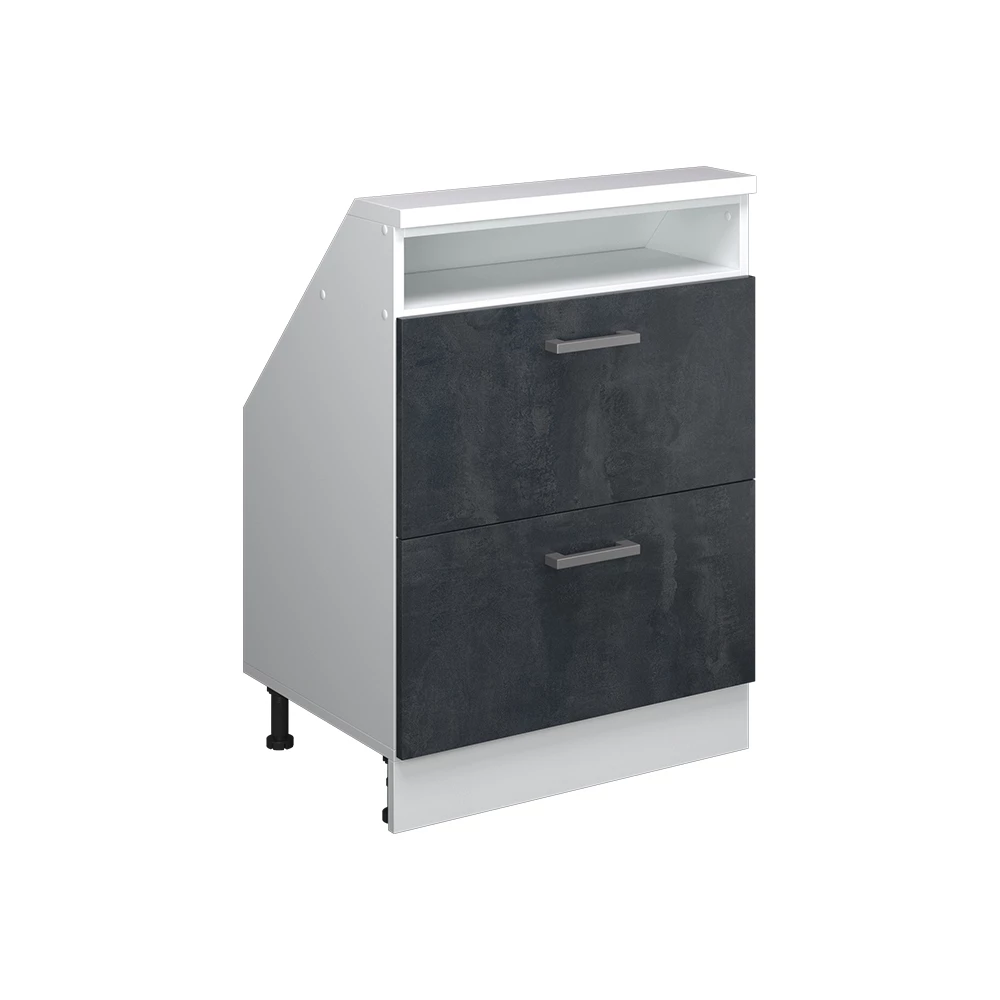 Dachschrägenschrank in Schwarz Beton/Weiß auf weißem Hintergrund