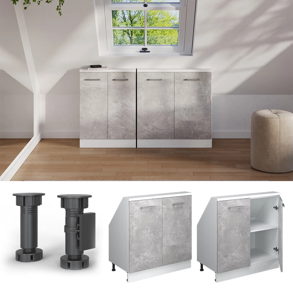 Nahaufnahme von Dachschrägenschrank in Beton/Weiß, zeigt Design- und Oberflächendetails