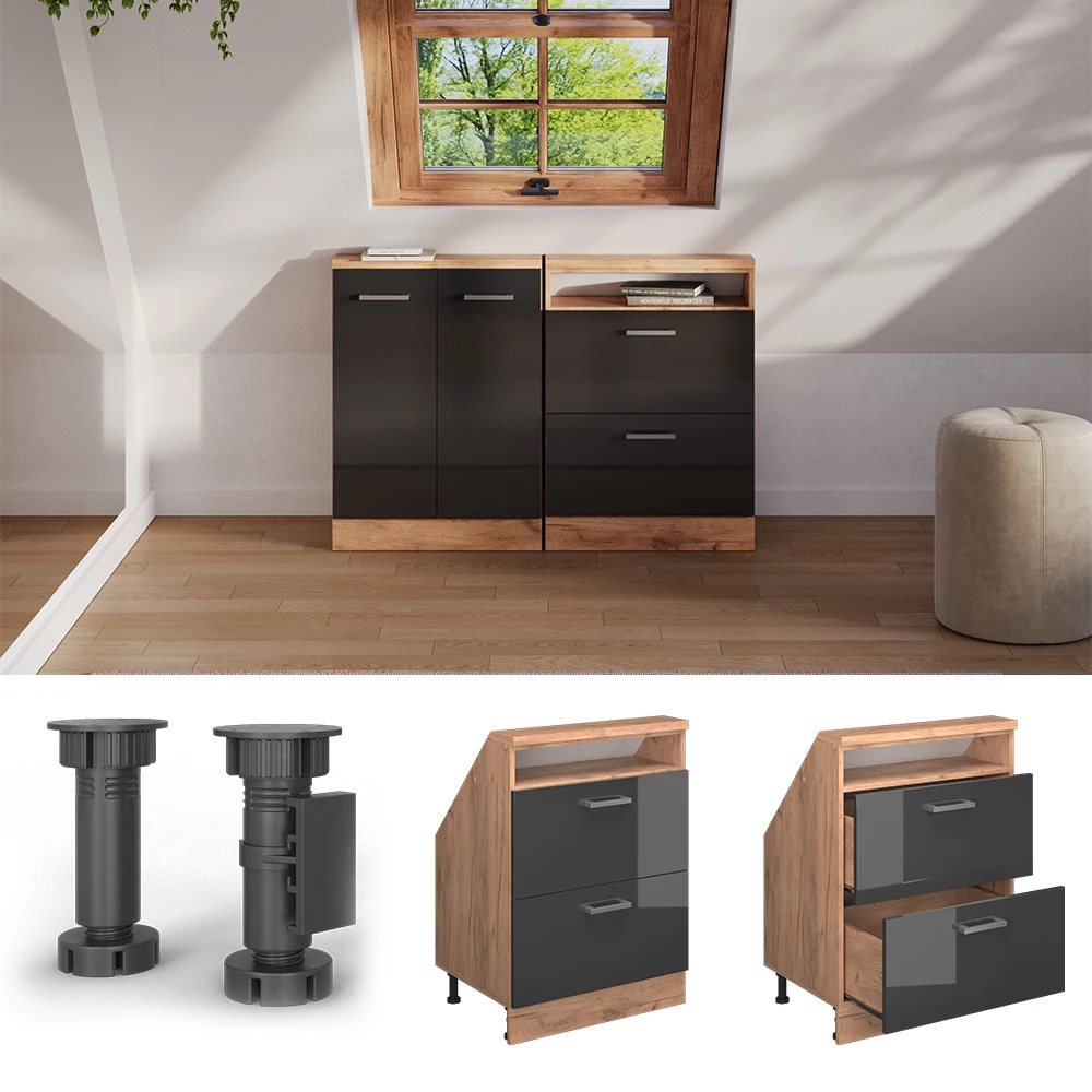 Nahaufnahme von Dachschrägenschrank in Anthrazit Hochglanz/Goldkraft Eiche, zeigt Design- und Oberflächendetails