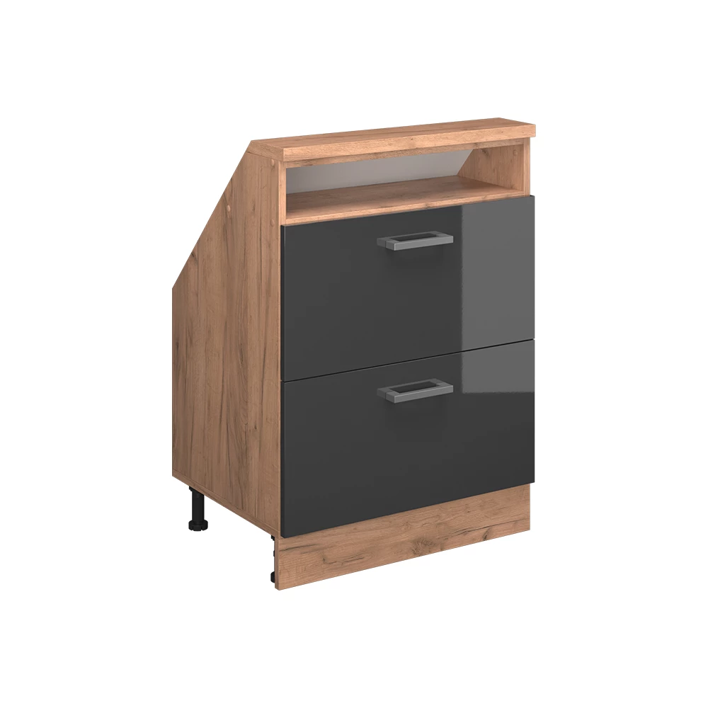 Dachschrägenschrank in Anthrazit Hochglanz/Goldkraft Eiche auf weißem Hintergrund