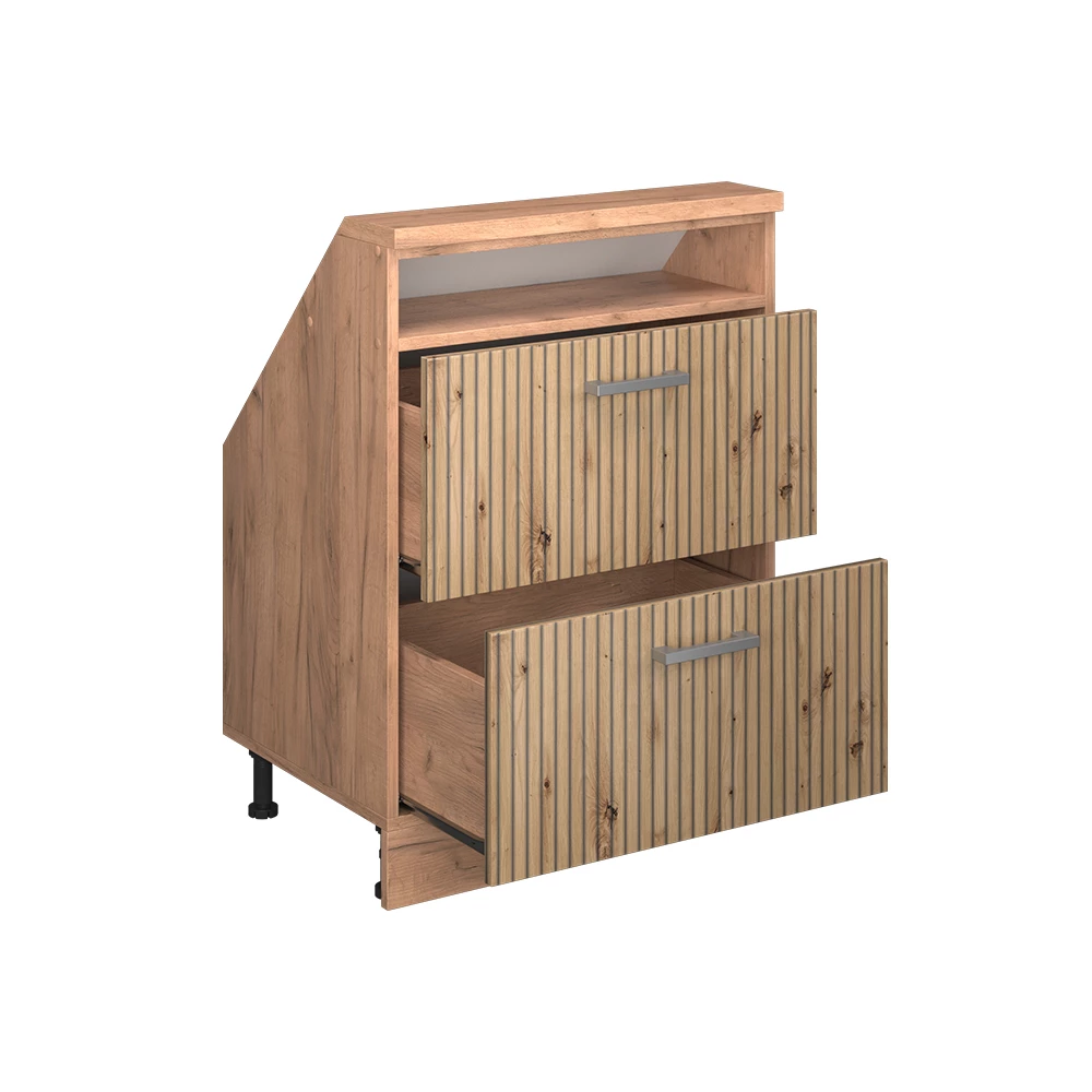 Gros plan de Meuble de rangement sous pente en Chêne Artisan/Chêne doré, montrant la texture/les détails