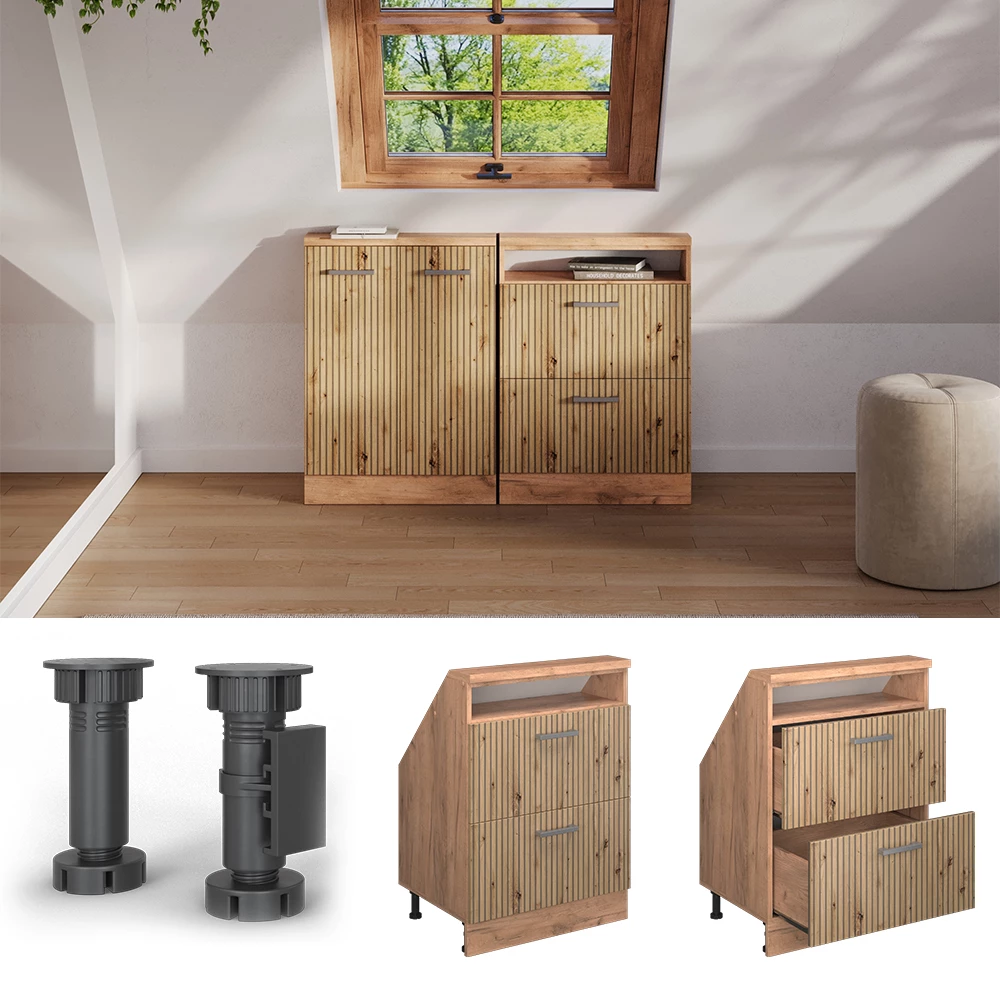 Gros plan de Meuble de rangement sous pente en Chêne Artisan/Chêne doré, montrant le design et les détails de surface