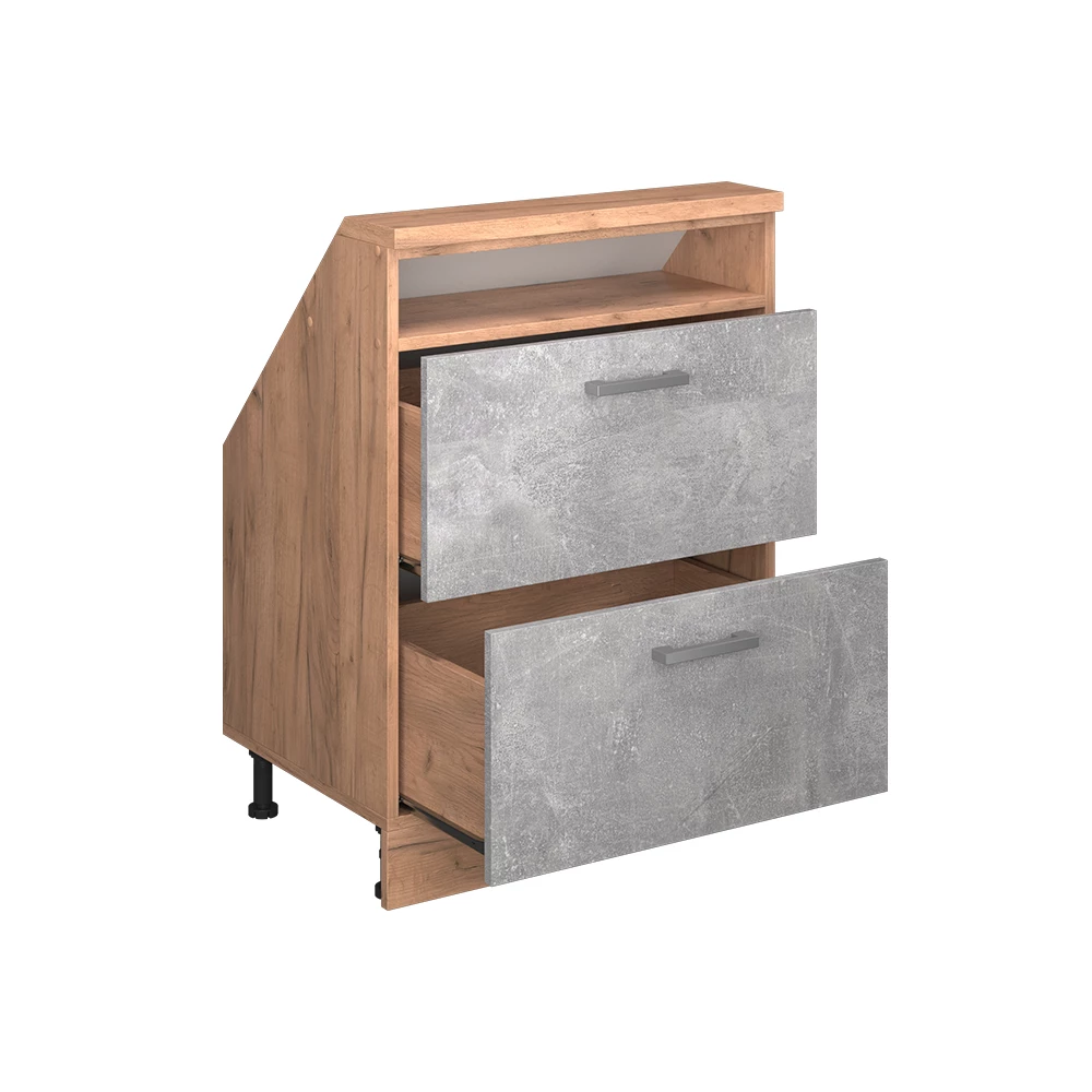 Gros plan de Meuble de rangement sous pente en Béton/force d'or Chêne, montrant la texture/les détails