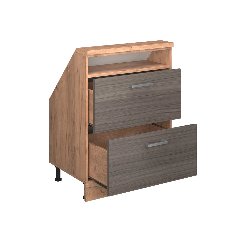 Nahaufnahme von Dachschrägenschrank in Edelgrau/Goldkraft Eiche, zeigt Textur/Details