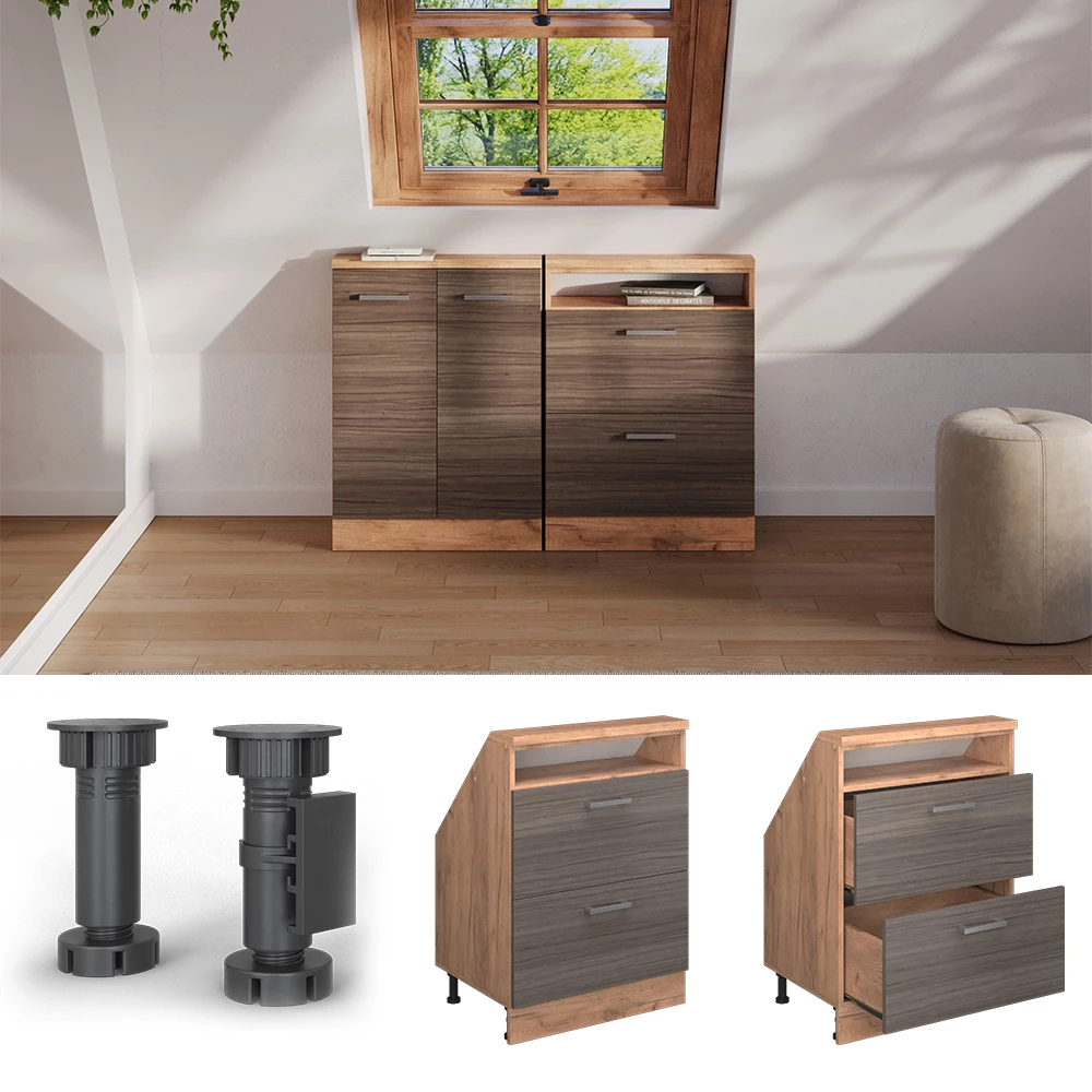 Skab til skrå væg i farven Ædelgrå/gylden eg på hvid baggrund