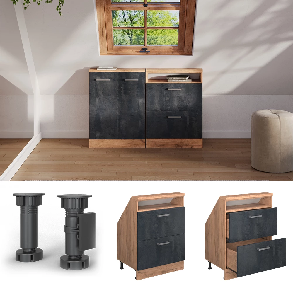 Nahaufnahme von Dachschrägenschrank in Schwarz Beton/Goldkraft Eiche, zeigt Design- und Oberflächendetails