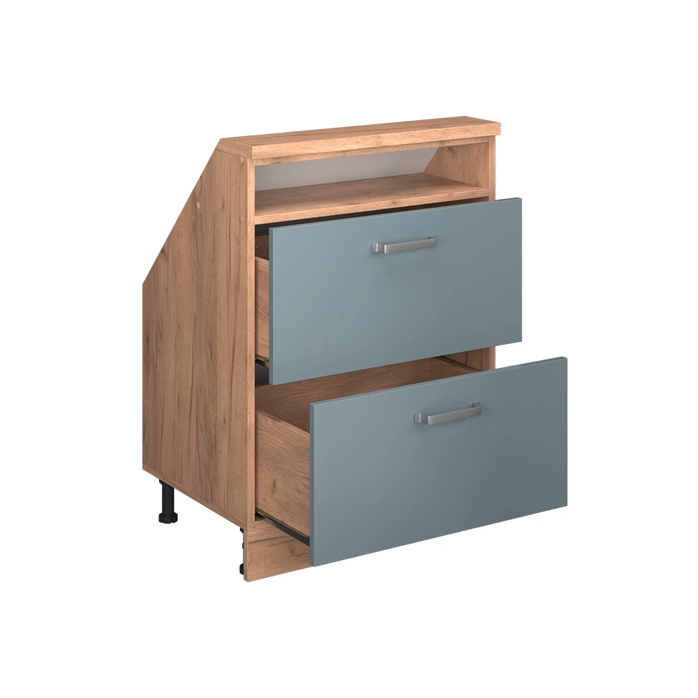 Nahaufnahme von Dachschrägenschrank in Blau-Grau/Goldkraft Eiche, zeigt Textur/Details