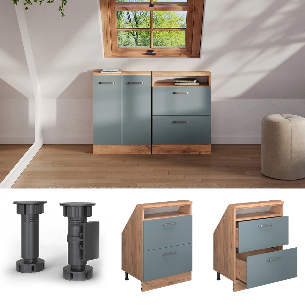 Nahaufnahme von Dachschrägenschrank in Blau-Grau/Goldkraft Eiche, zeigt Design- und Oberflächendetails