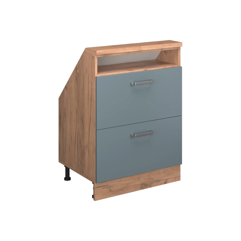 Meuble de rangement sous pente en Bleu-gris/chêne doré sur fond blanc