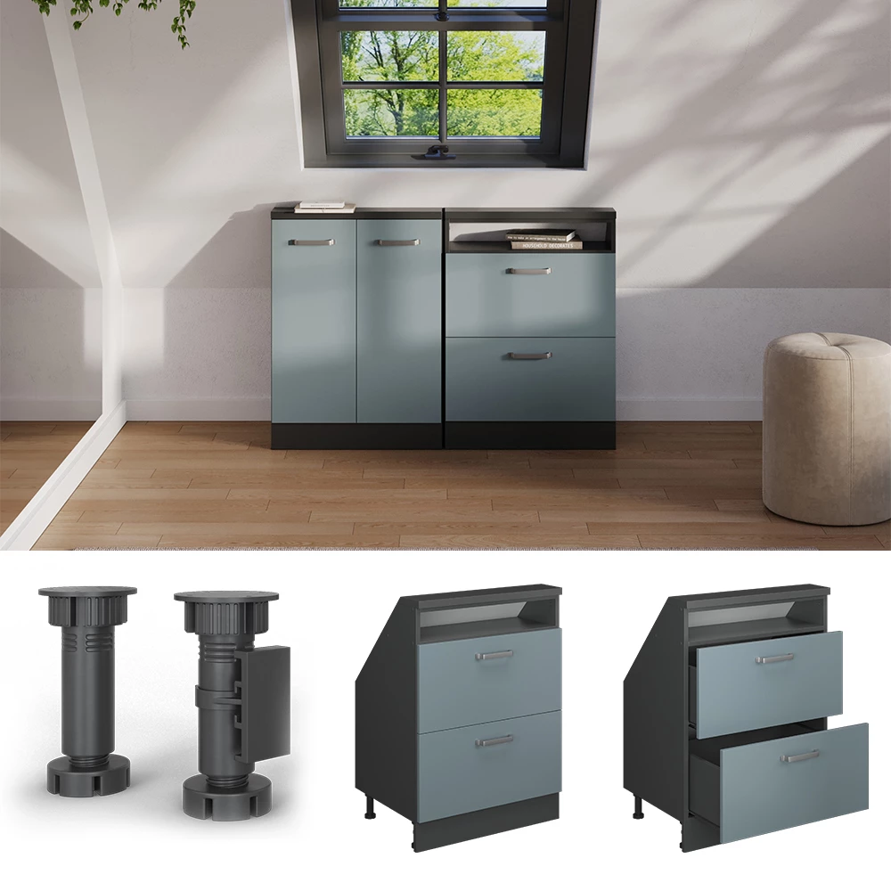 Meuble de rangement sous pente en Bleu-gris/anthracite sur fond blanc