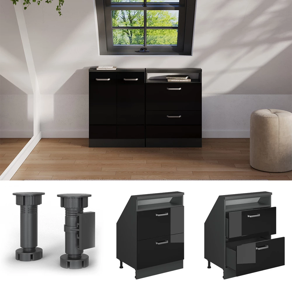 Nahaufnahme von Dachschrägenschrank in Schwarz Hochglanz/Anthrazit, zeigt Design- und Oberflächendetails