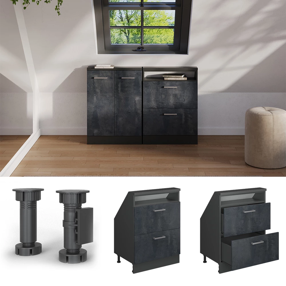 Gros plan de Meuble de rangement sous pente en Noir Béton/Anthracite, montrant le design et les détails de surface