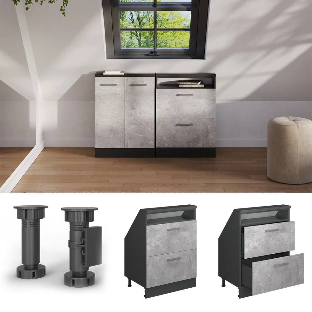Nahaufnahme von Dachschrägenschrank in Beton/Anthrazit, zeigt Design- und Oberflächendetails