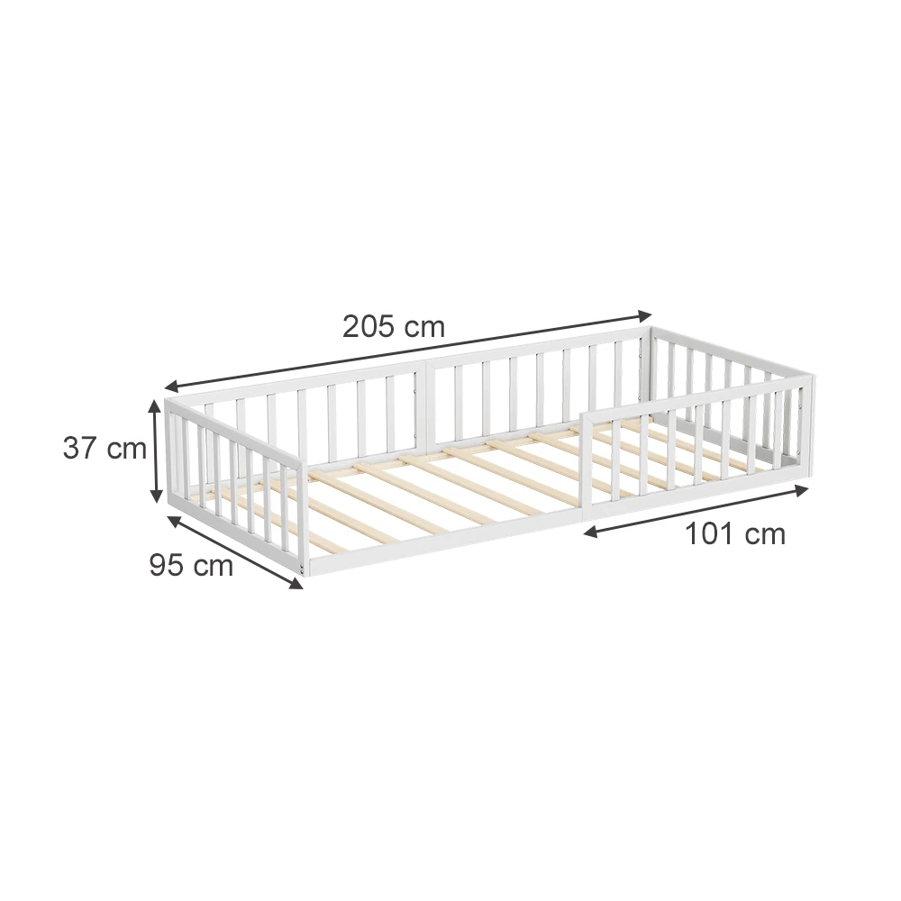 Bodenbett aus Metall in Weiß auf weißem Hintergrund mit sichtbaren Maßen