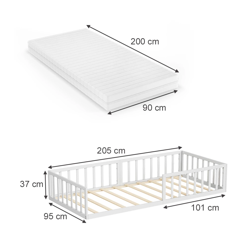 Bodenbett aus Metall in Weiß auf weißem Hintergrund mit sichtbaren Maßen