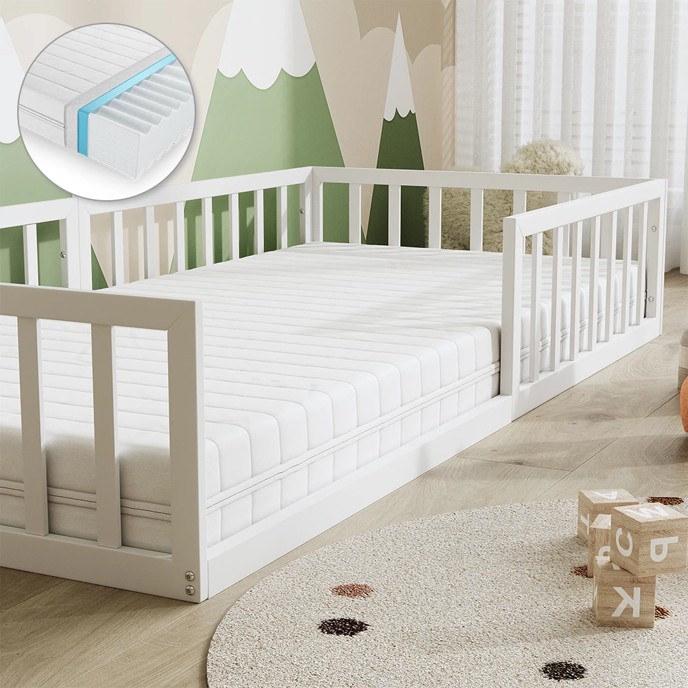 Nahaufnahme von Bodenbett aus Metall in Weiß, zeigt Textur/Details