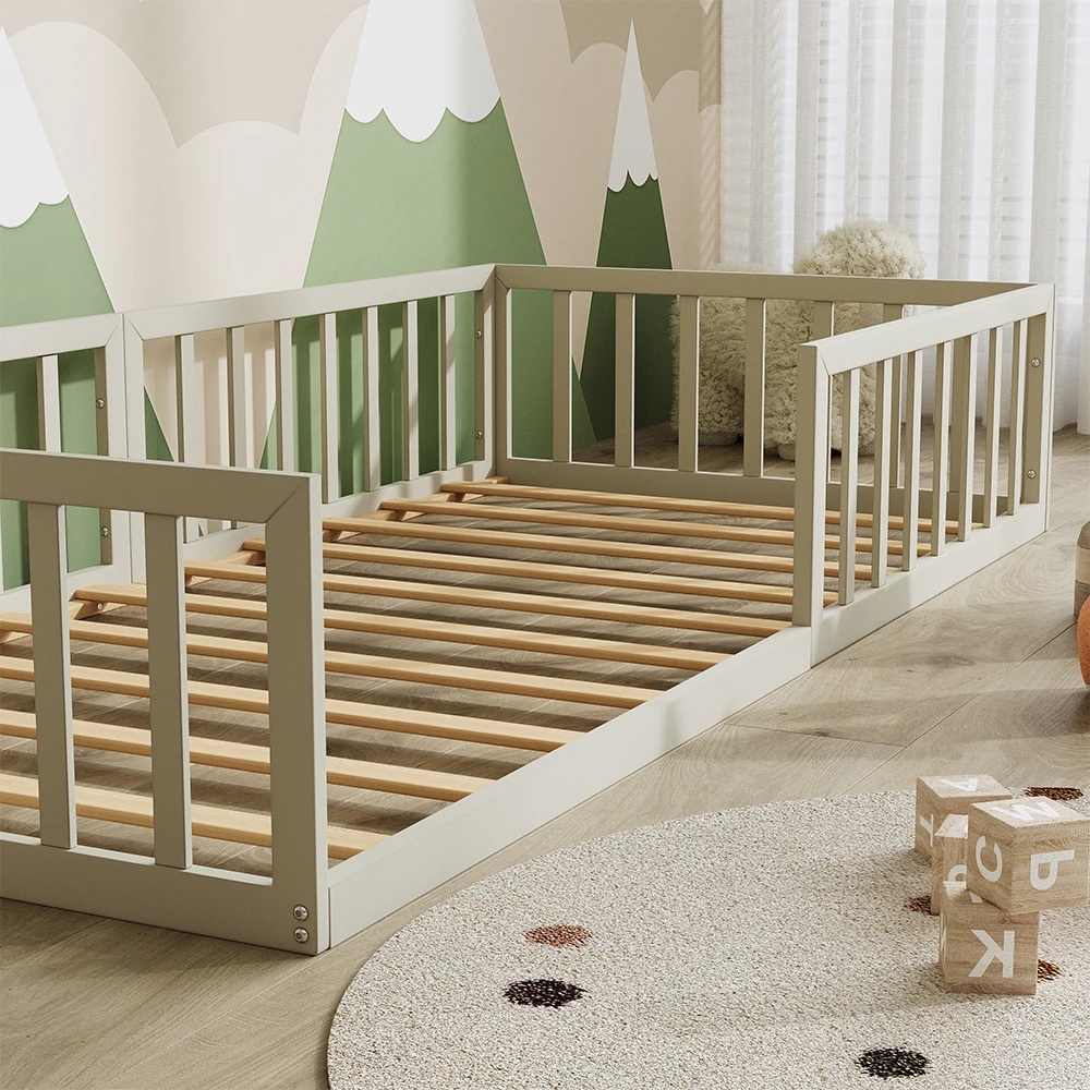 Nahaufnahme von Bodenbett aus Metall in Greige, zeigt Textur/Details