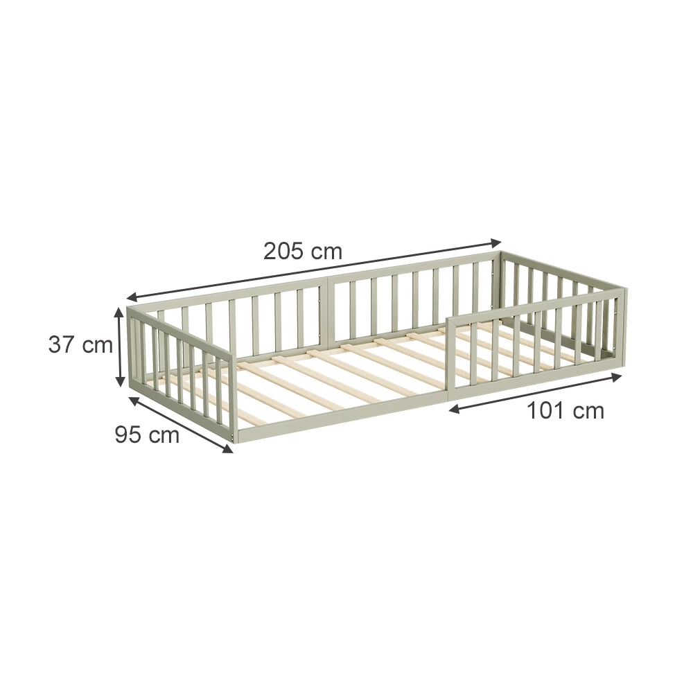 Bodenbett aus Metall in Greige auf weißem Hintergrund mit sichtbaren Maßen