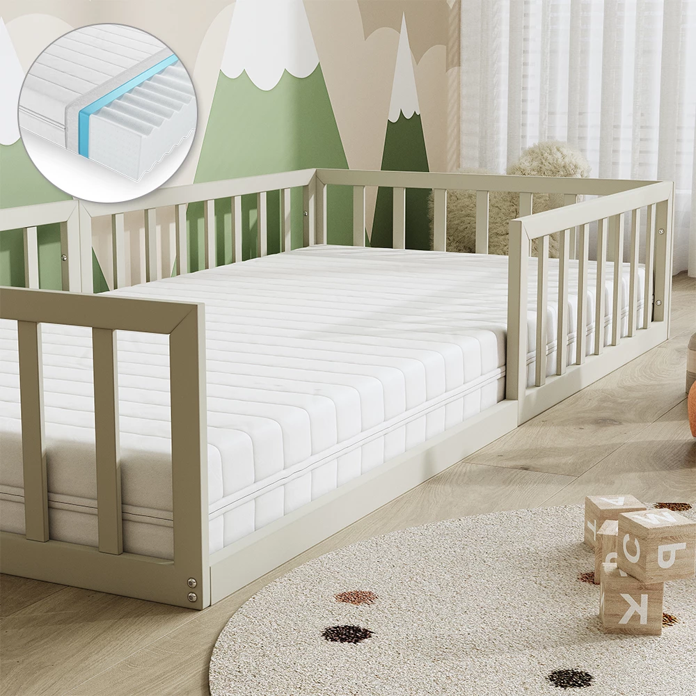 Nahaufnahme von Bodenbett aus Metall in Greige, zeigt Textur/Details