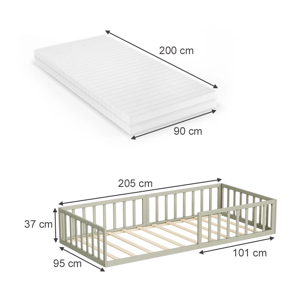 Bodenbett aus Metall in Greige auf weißem Hintergrund mit sichtbaren Maßen