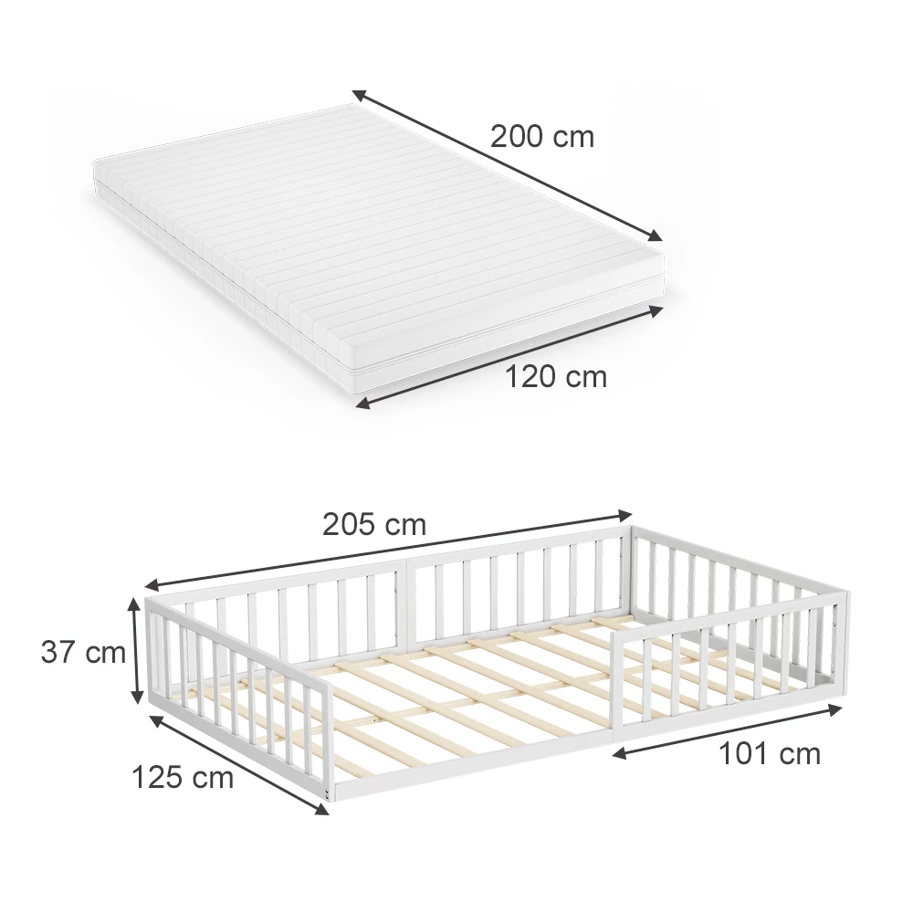 Lit pour enfant en Blanc sur fond blanc avec dimensions visibles