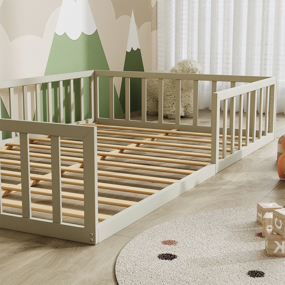 Nahaufnahme von Bodenbett aus Metall in Greige, zeigt Textur/Details