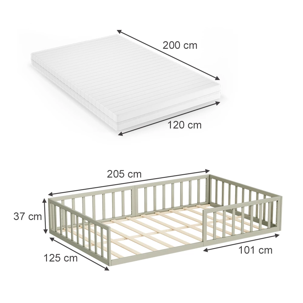 Kinderbed in Grijs on white background with visible dimensions