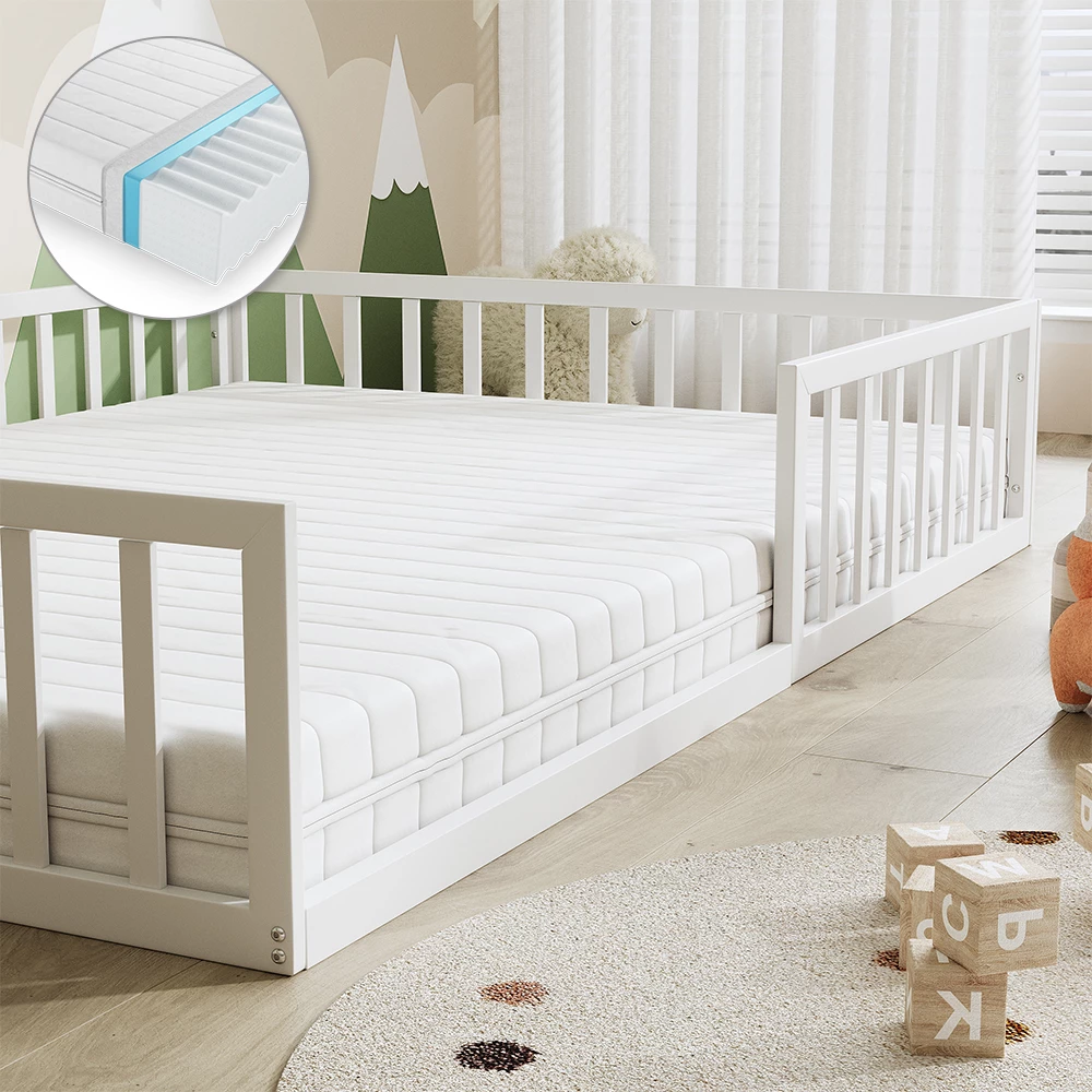 Nahaufnahme von Bodenbett aus Metall in Weiß, zeigt Textur/Details