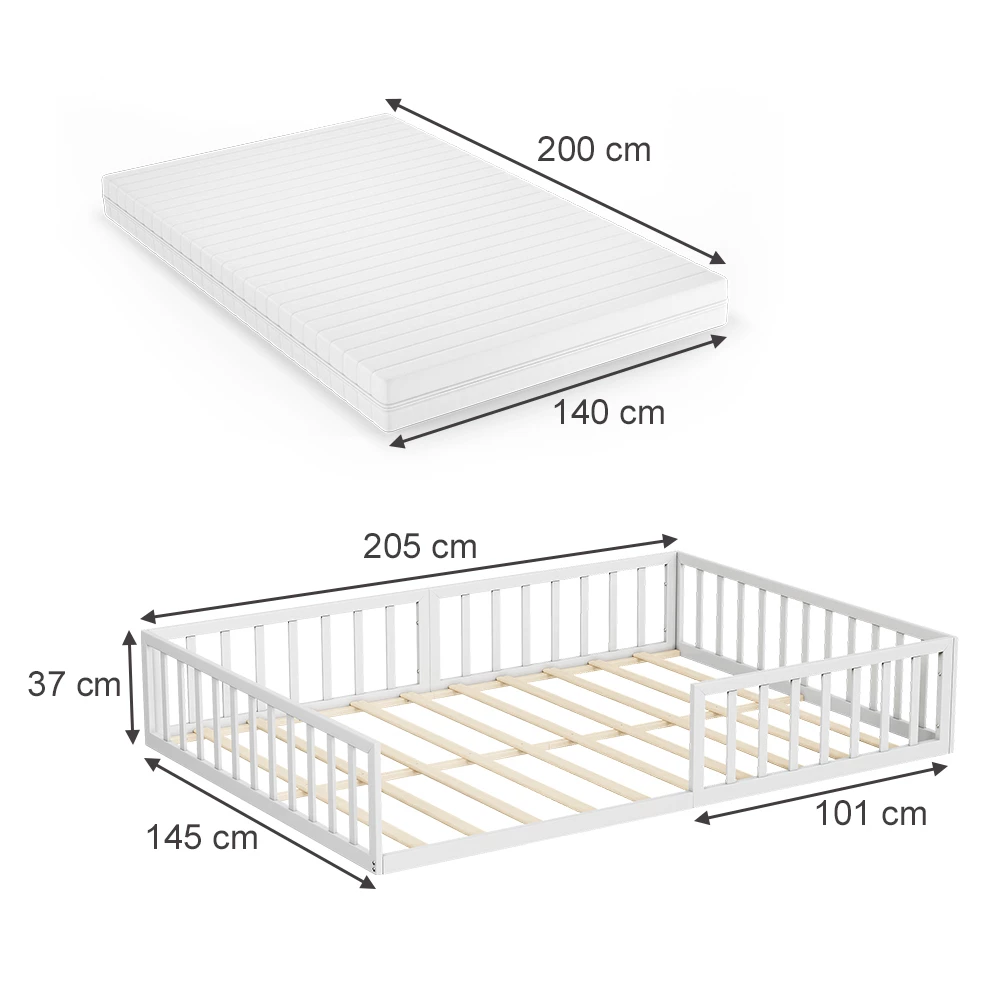 Bodenbett aus Metall in Weiß auf weißem Hintergrund mit sichtbaren Maßen