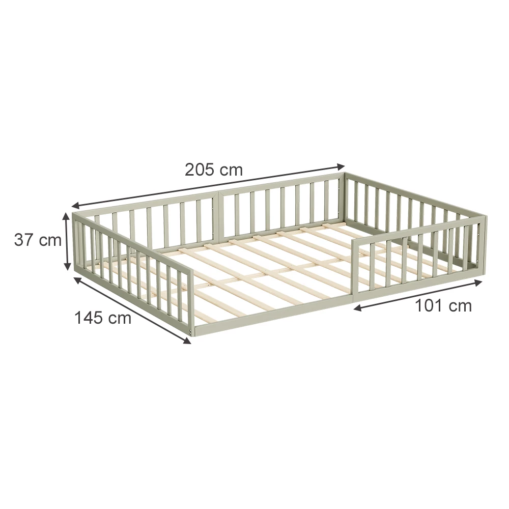 Kinderbed in Grijs on white background with visible dimensions