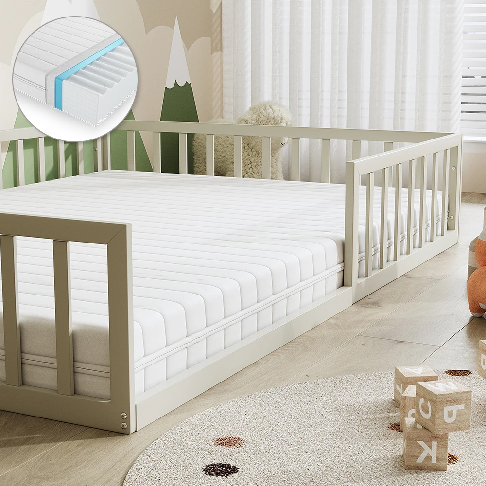 Nahaufnahme von Bodenbett aus Metall in Greige, zeigt Textur/Details