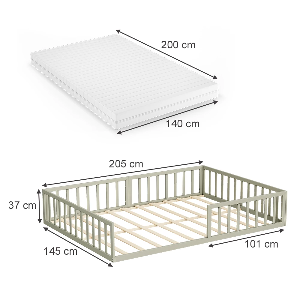 Bodenbett aus Metall in Greige auf weißem Hintergrund mit sichtbaren Maßen