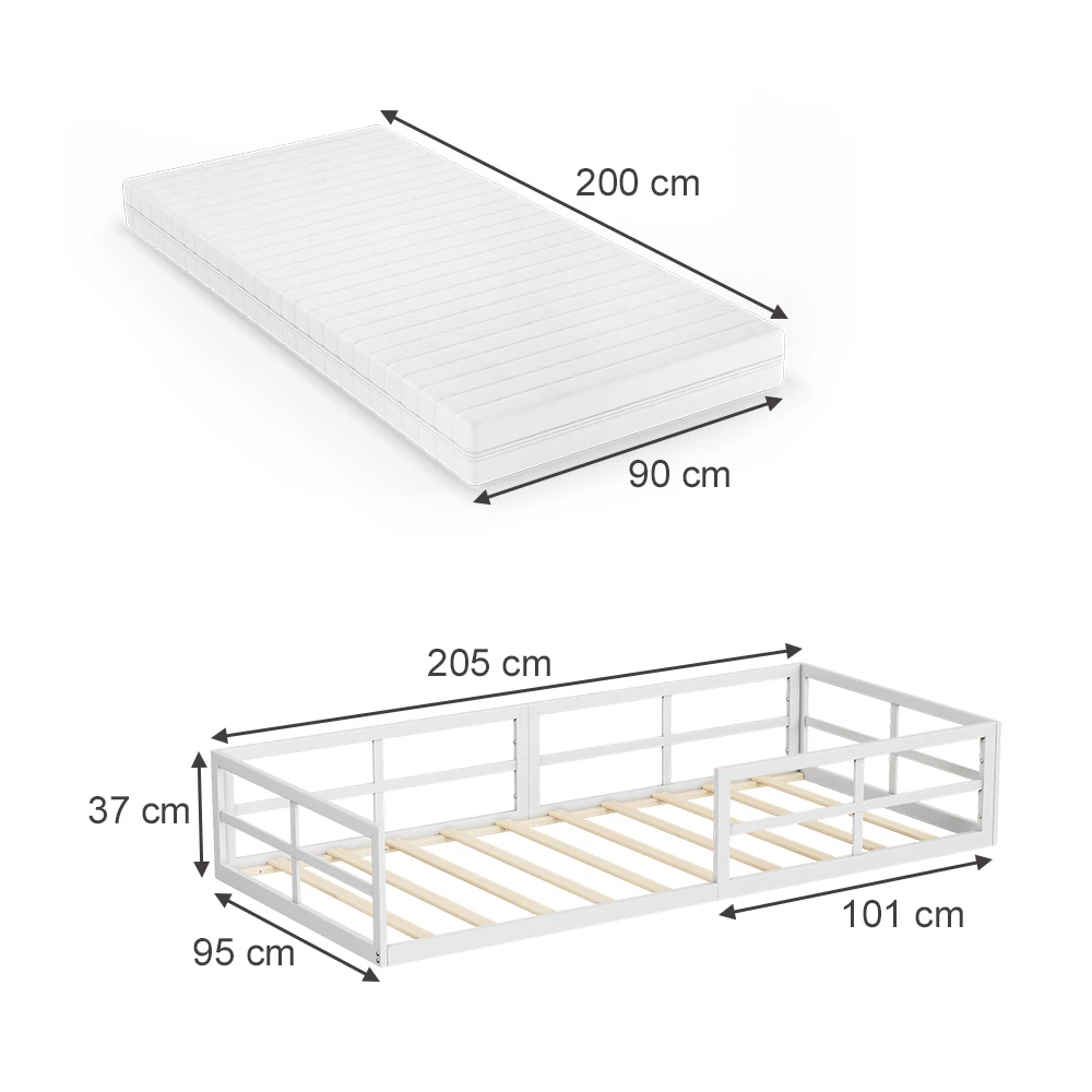 Letto per bambini in Bianco su sfondo bianco con dimensioni visibili
