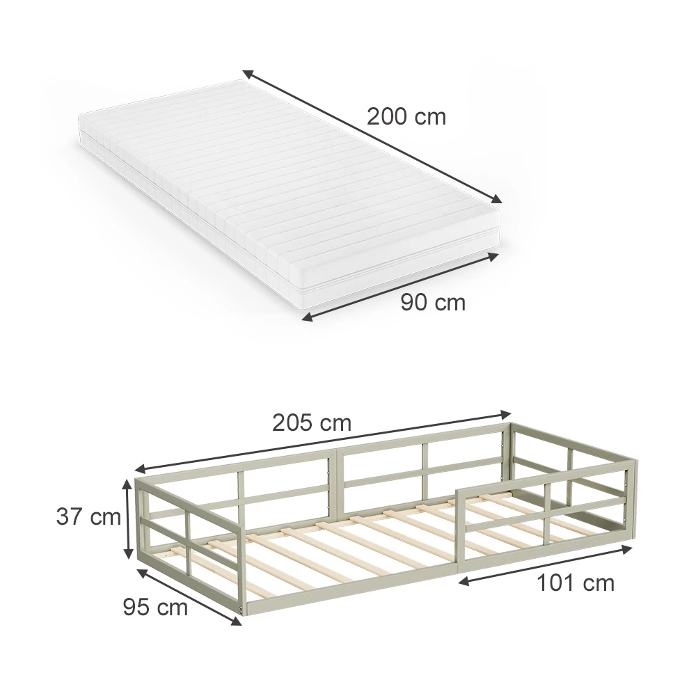 Letto per bambini in Grigio su sfondo bianco con dimensioni visibili