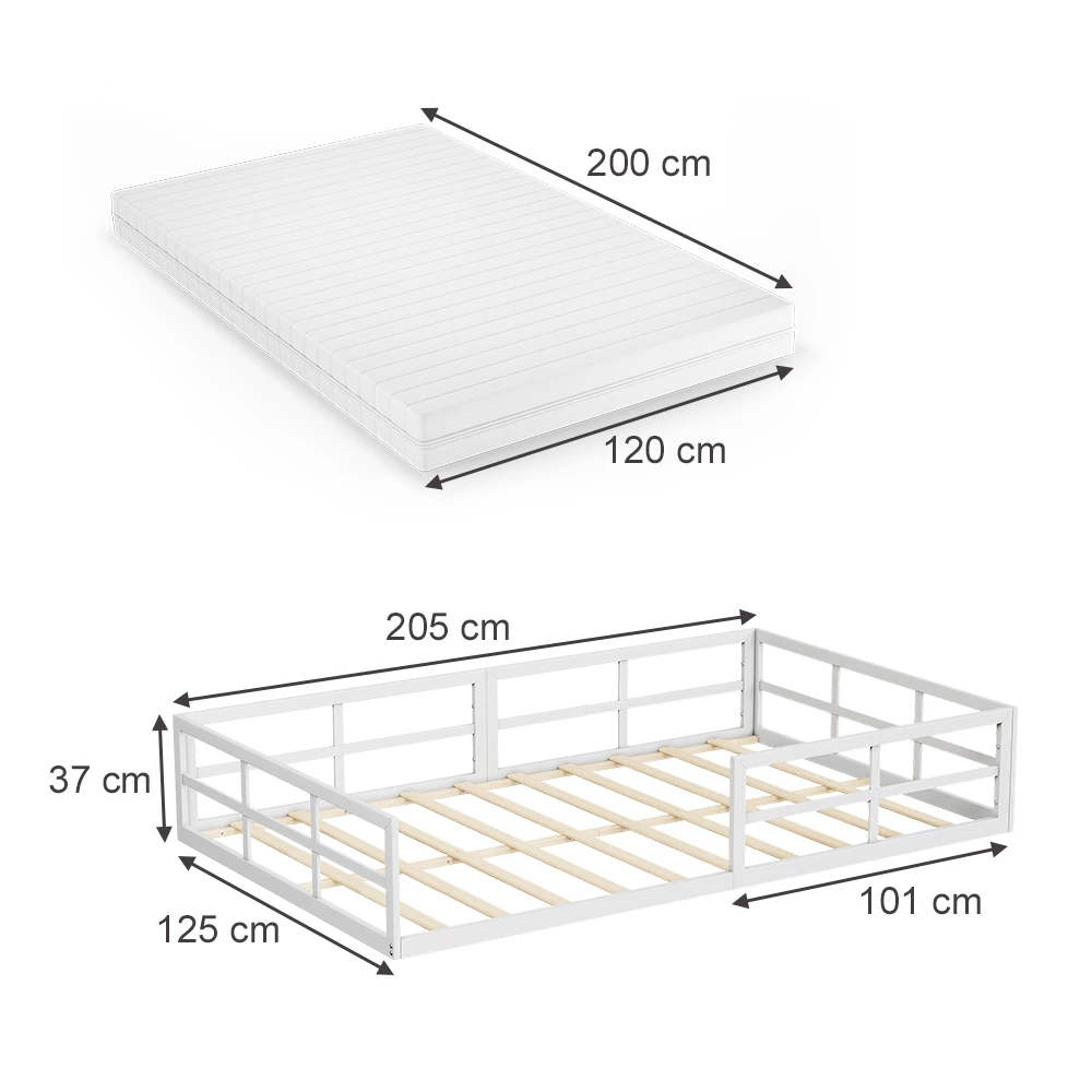 Bodenbett aus Metall in Weiß auf weißem Hintergrund mit sichtbaren Maßen