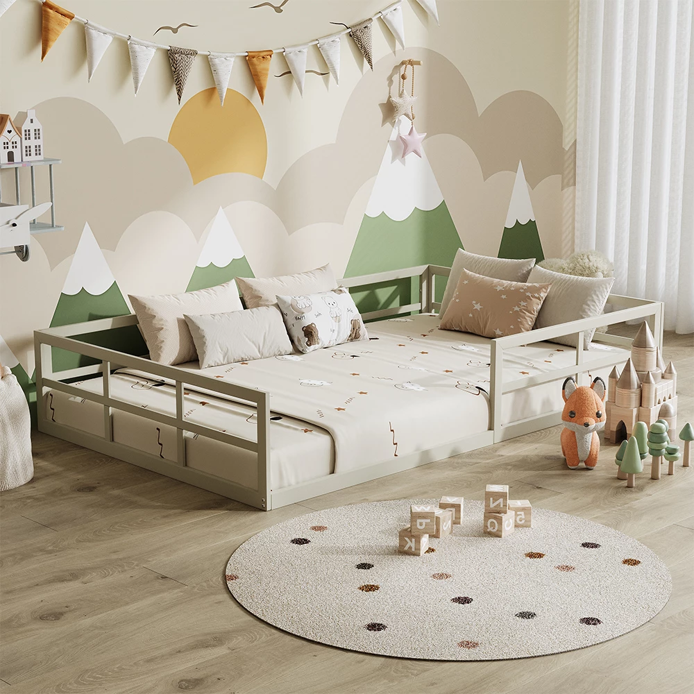 Kinderbed in Grijs, getoond in een sfeervolle omgeving met decoratie