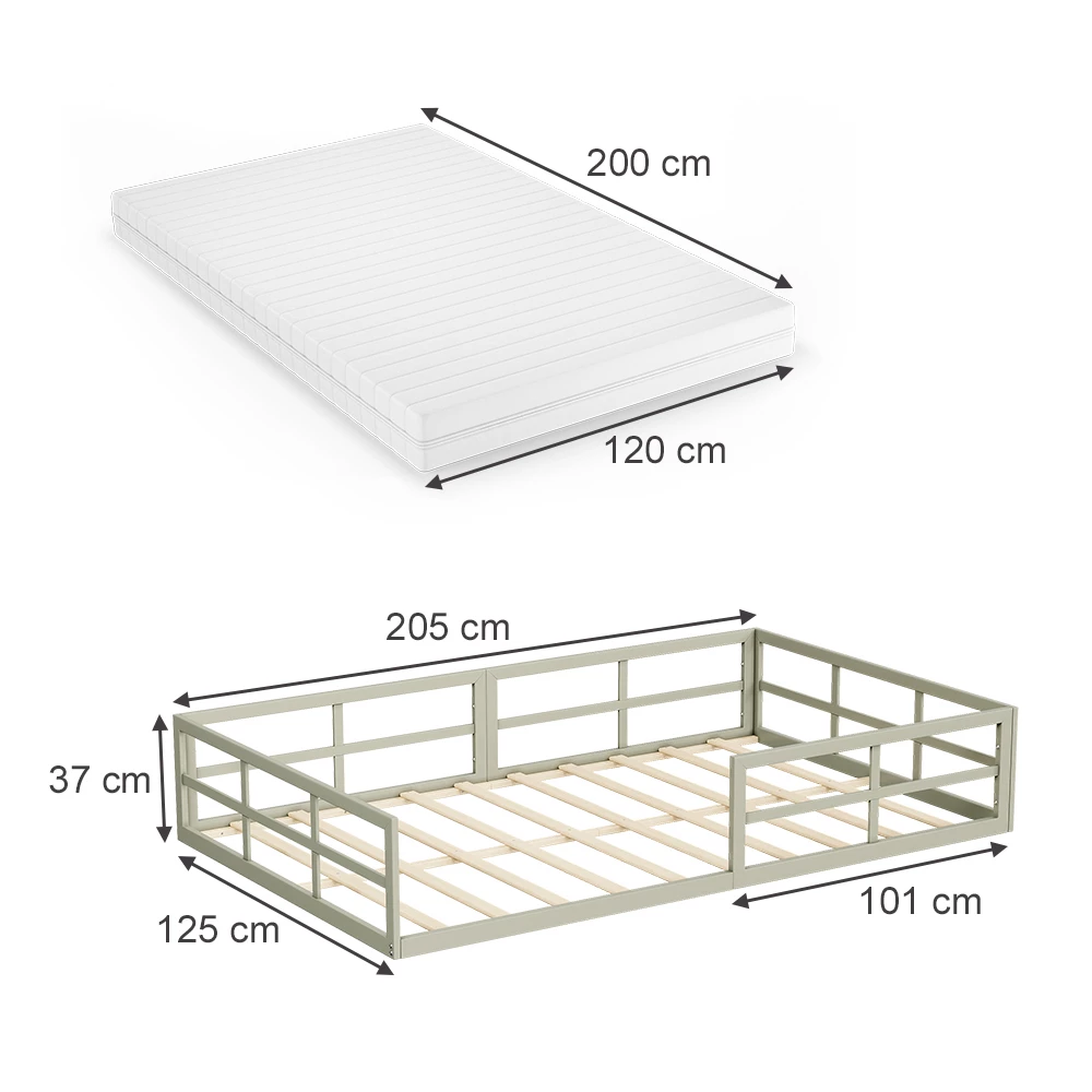 Lit pour enfant en Grège sur fond blanc avec dimensions visibles