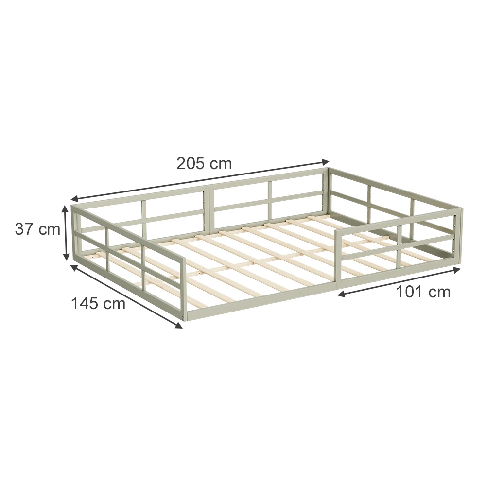 Lit pour enfant en Grège sur fond blanc avec dimensions visibles