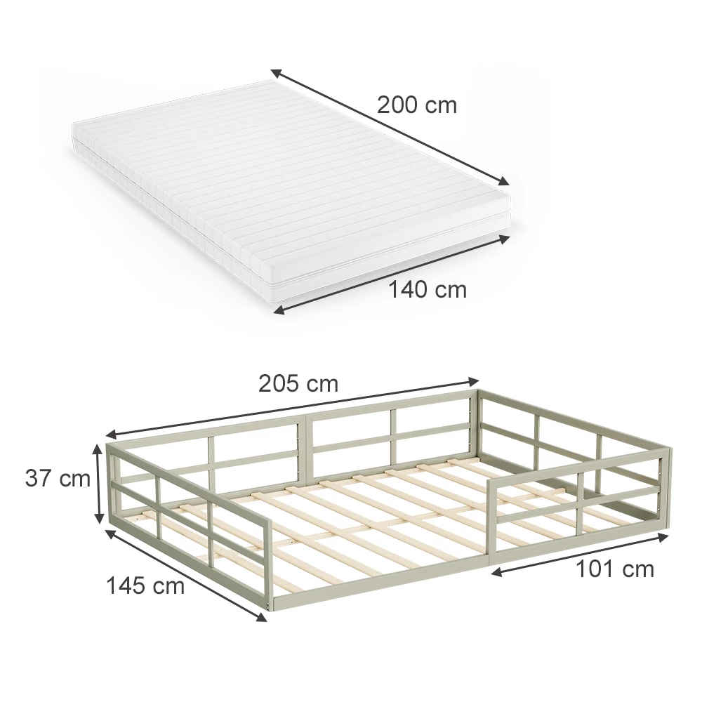 Kinderbed in Grijs op een witte achtergrond met zichtbare afmetingen