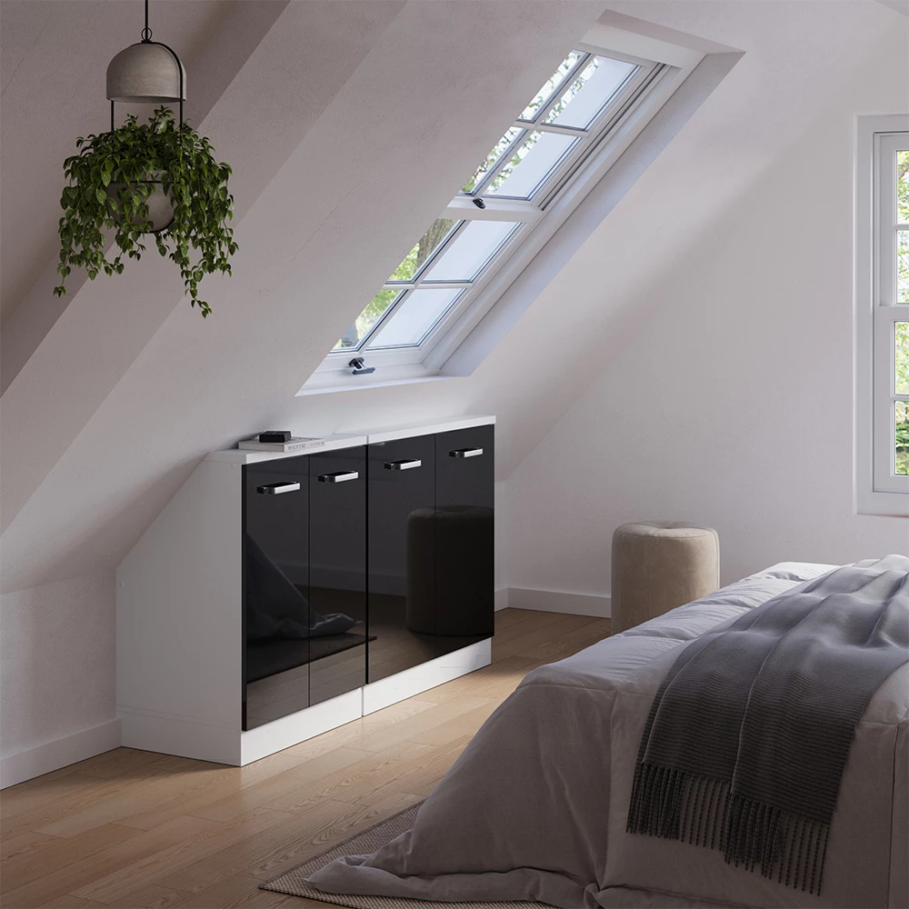 Nahaufnahme von Dachschrägenschrank-Set in Schwarz Hochglanz/Weiß, zeigt Design- und Oberflächendetails