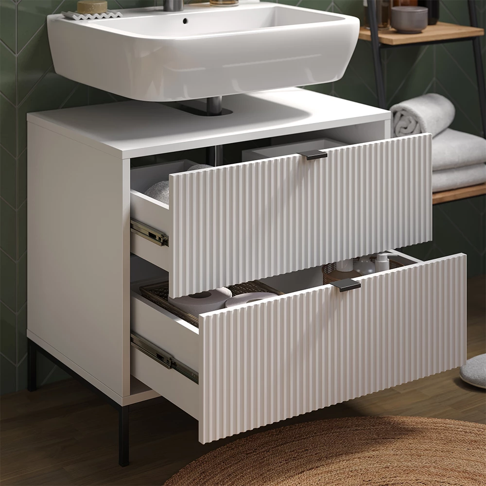 Primo piano di Mobile sottolavabo per bagno in Bianco, mostrando texture/dettagli