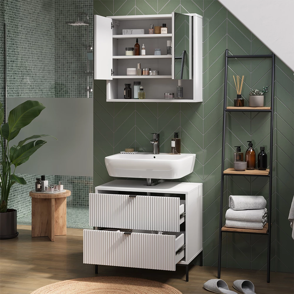 Primo piano di Mobile sottolavabo per bagno in Bianco, mostrando design e dettagli della superficie