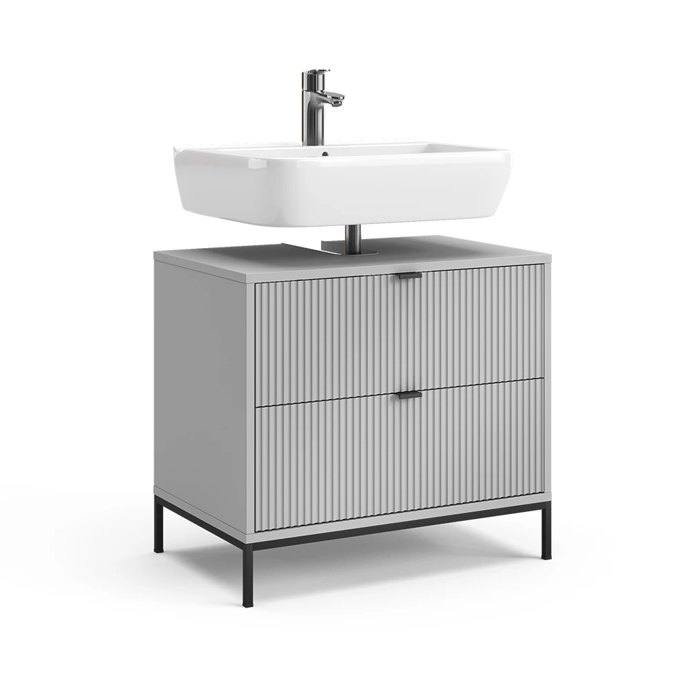 Mobile sottolavabo per bagno in Grigio su sfondo bianco con elementi decorativi