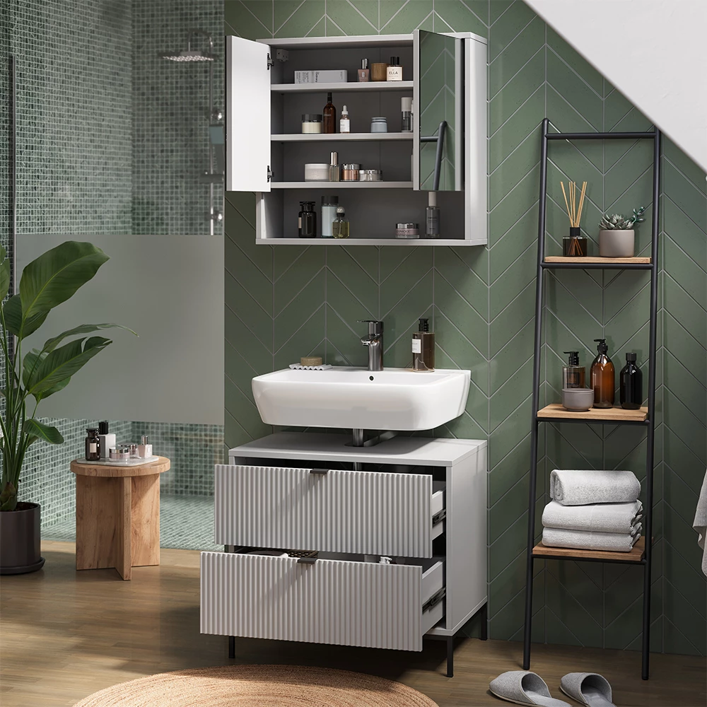 Primo piano di Mobile sottolavabo per bagno in Grigio, mostrando design e dettagli della superficie