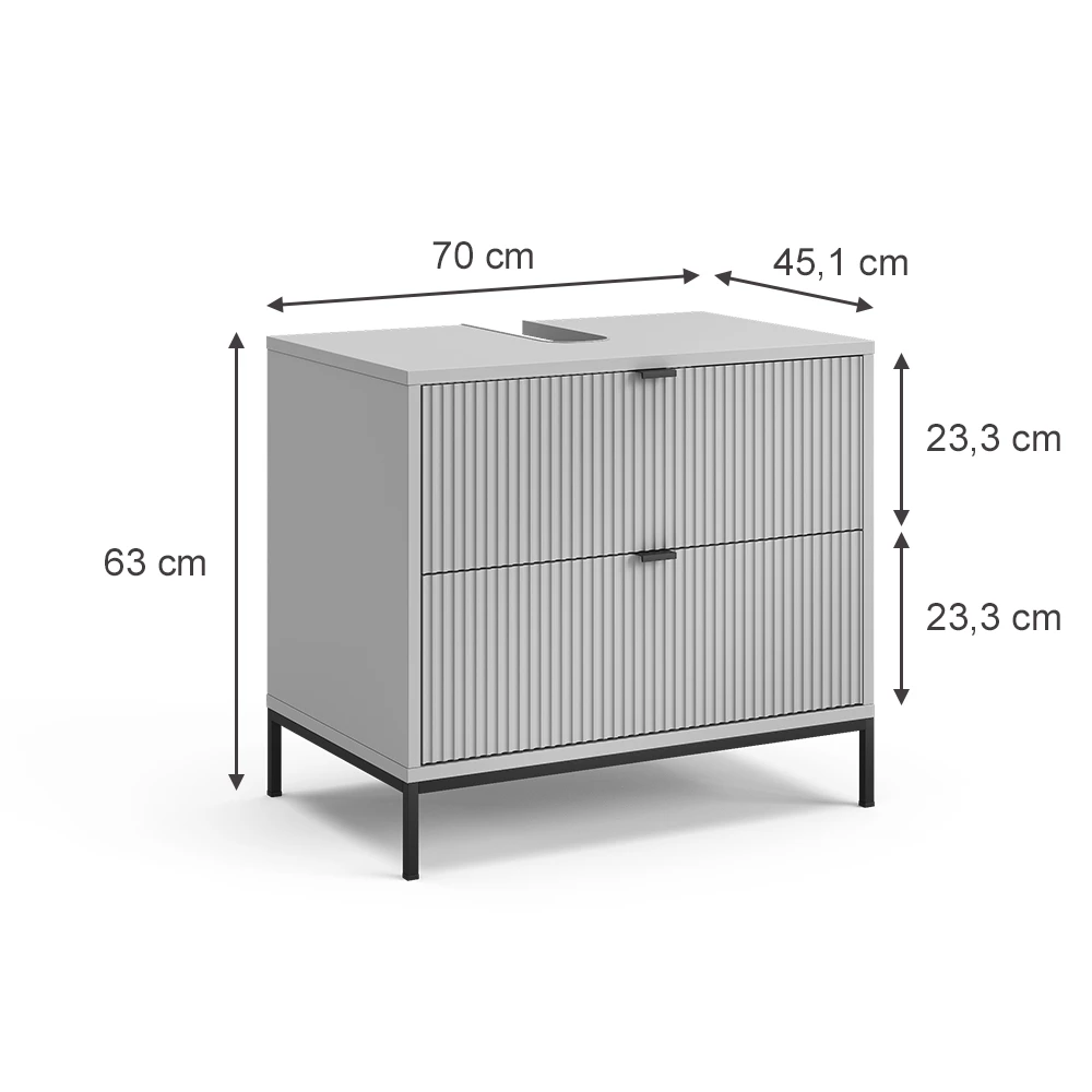 Mobile sottolavabo per bagno in Grigio su sfondo bianco con dimensioni visibili