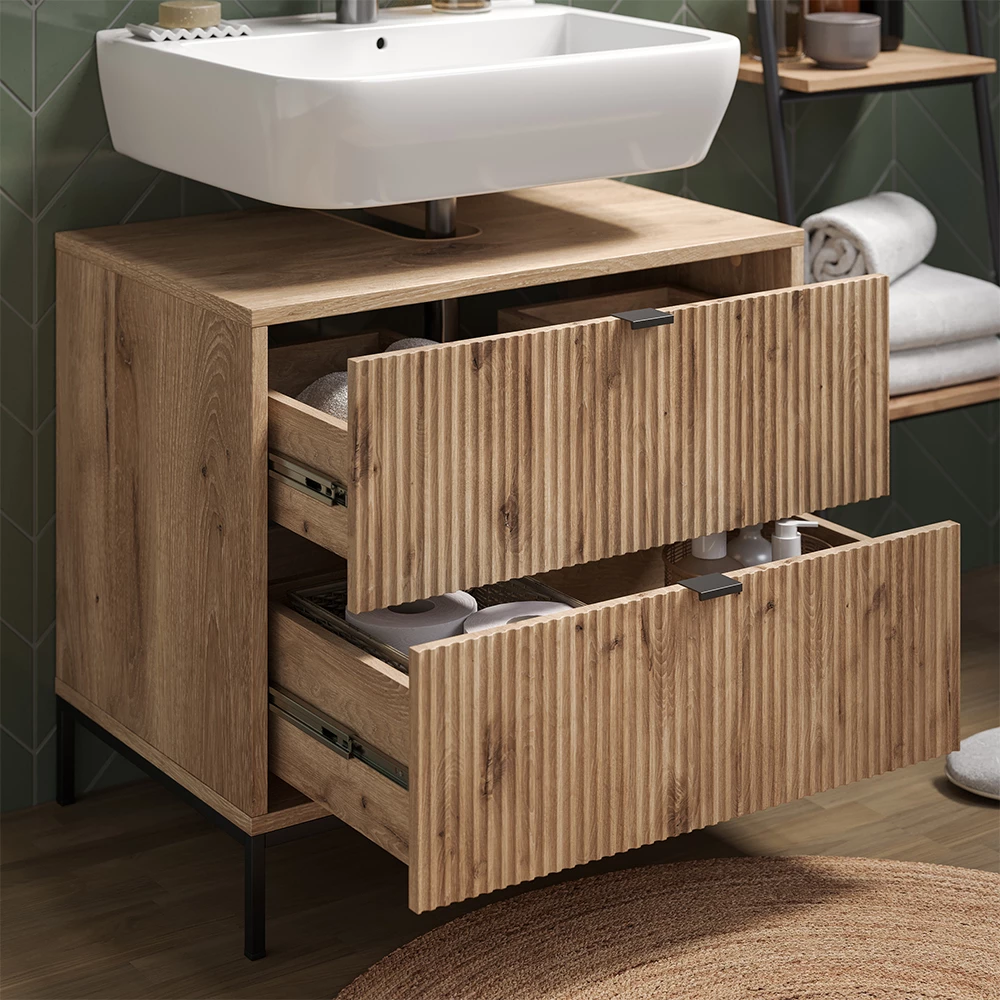 Close-up van Wastafelonderkast in Viking Eik, met textuur/details