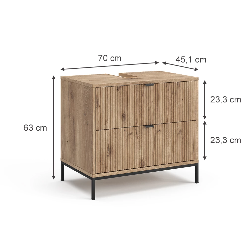 Wastafelonderkast in Viking Eik op een witte achtergrond met zichtbare afmetingen