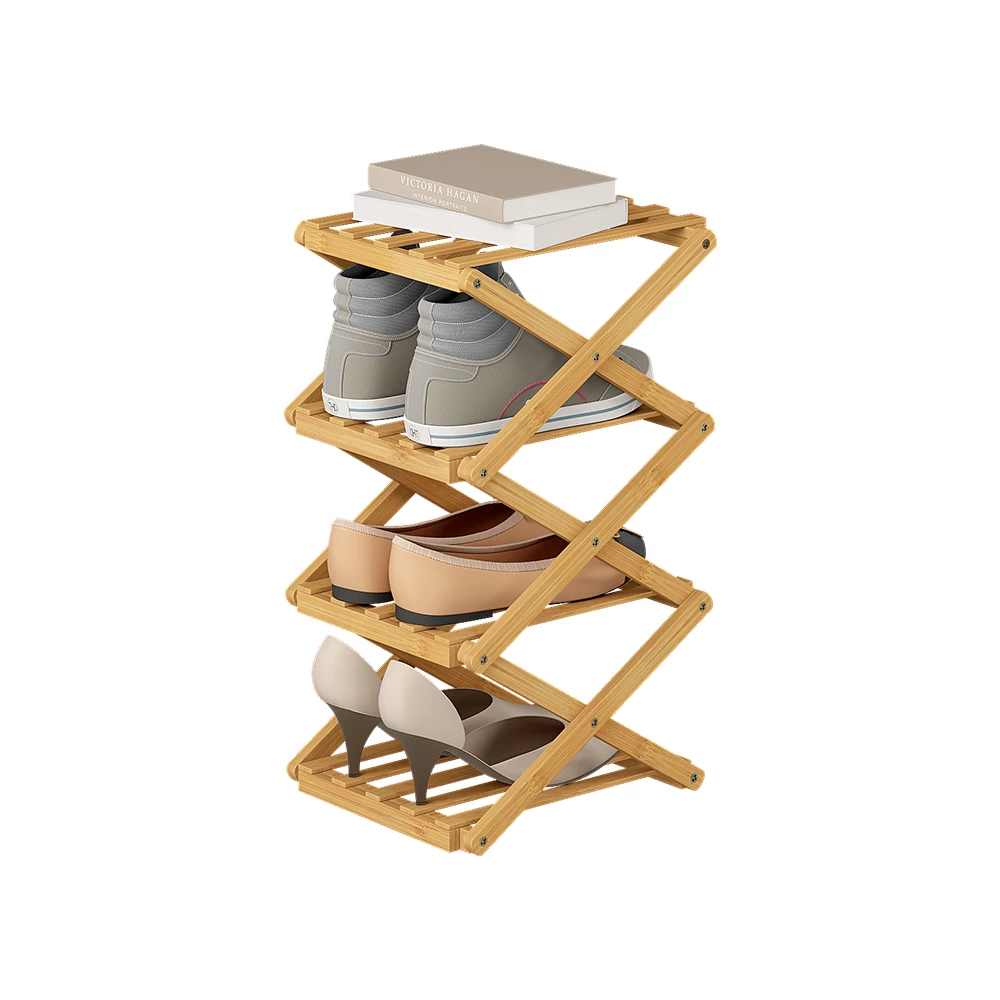 Schoenenkast in Bamboe op een witte achtergrond met decoratieve elementen