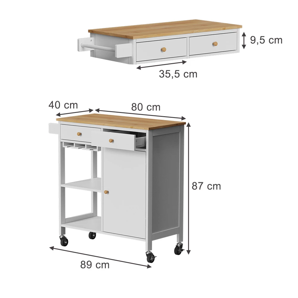 Carrello da cucina in Bianco on white background with visible dimensions
